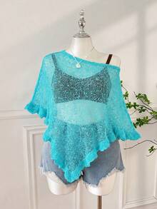 SHEIN EZwear 夏季外出約會披風，咖啡棕色，荷葉邊飾，半透，休閒，鉤編，女款大尺碼 - 水鴨藍 - 查看 3