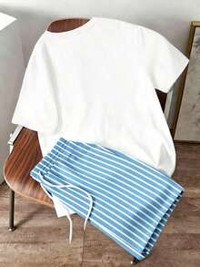 Daypath Men's Letter Print Short Sleeve T-Shirt And Striped Shorts Set - Baby Blue - View 4