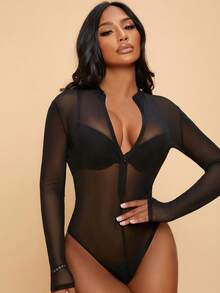 SHEIN SXY Plus Size Women's Solid Color Long Sleeve Zipper Front Mesh Sexy Bodysuit - Black - View 2