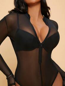 SHEIN SXY Plus Size Women's Solid Color Long Sleeve Zipper Front Mesh Sexy Bodysuit - Black - View 5