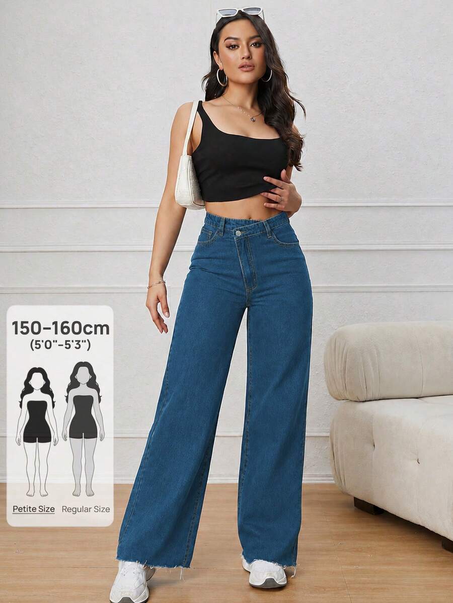 SHEIN PETITE 女款休閒百搭日常穿著牛仔褲,附口袋與鈕扣,水藍色,適合度假夜晚與夏季 - 寶藍色 - 查看 1