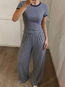 DAZY Women's Round Neck Striped Short Sleeve Top And Long Pants Casual Daily Homewear Set Summer Pajamas - Navy Blue - View 3