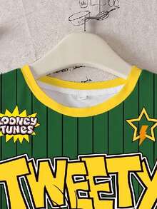 LOONEY TUNES X SHEIN 青少年女孩圓領字母卡通印花休閒日常短袖T恤 - 白色 - 查看 5