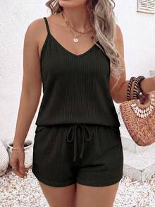 Selamara Women's Spring/Summer New Hot-Selling Small Plaid Textured Knit Fabric Casual Versatile Plus Size 2 Pieces Set - Black - View 1