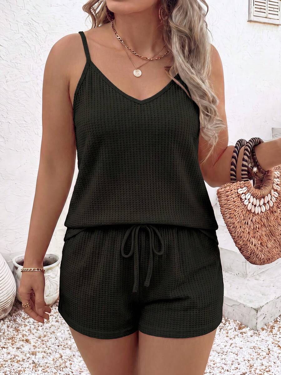Selamara Women's Spring/Summer New Hot-Selling Small Plaid Textured Knit Fabric Casual Versatile Plus Size 2 Pieces Set - Black - View 1
