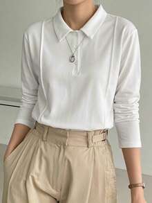 Dazy-Less Women's Solid Color Polo Collar Long Sleeve Casual T-Shirt - White - View 7