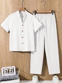 SHEIN 2件組青少年男孩寬鬆對比色圖案印花 Polo 領短袖針織襯衫套裝，休閒風 - 白色 - 查看 1