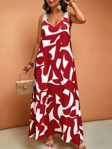 Breezaya Plus Size Women's Geometric Print Elegant Sleeveless Vacation Dress - Red - View 3