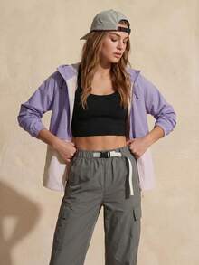 Exploreva Chaqueta Softshell con Capucha, Bloques de Color, Cremallera, Casual, Versátil, para Uso Diario y Exterior para Mujer - Morado - Ver 3