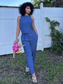 Alexandranx Women's Summer Striped Spaghetti Strap Top And Pants Casual 2 Pieces Set Lounge Sets For Women Short Sets For Women Elegant - Navy Blue - View 3