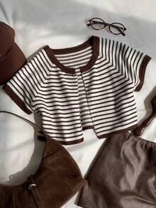 Comfortcana Women's White And Brown Raglan Short Sleeve Casual French Thin Cardigan Brunch Summer - Multicolor - View 4