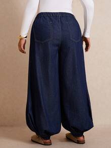 Slaydiva Plus Size Women's High Waist Loose Casual Lantern Denim Jeans - Blue - View 2