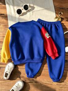 SHEIN | PAW Patrol GraphicGems 小男孩圓領拼色卡通圖案長袖衛衣與運動長褲休閒日常套裝 - 寶藍色 - 查看 2