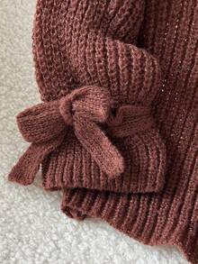 Cozy Pixies Baby Girl Baby Girl Loose Casual Minimalist Comfortable Round Neck Sleeve Tie Decor Autumn Winter Sweater Brown,Long Cardigan Back To School Sweater - Brown - View 3