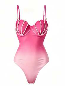 Swim Oasis Women's New Faux Pearl Shell Decor Ombre Spaghetti Strap Underwire One-Piece Swimsuit With Matching Skirt - Hot Pink - View 3