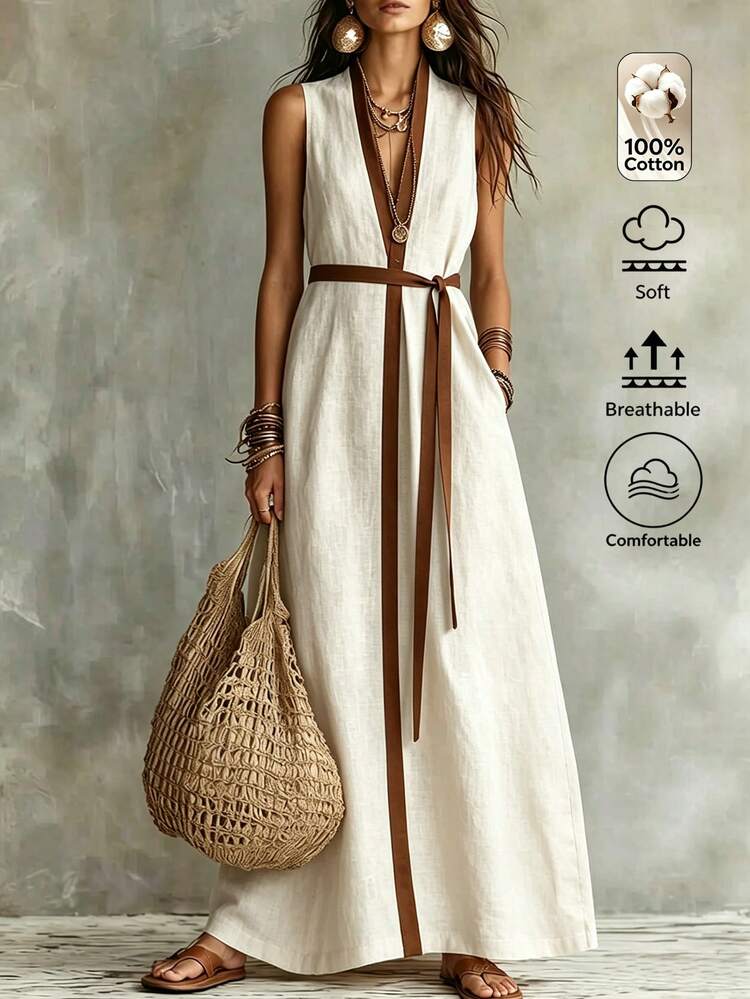 white summer dress with brown belt Omancia Ivory Textured Sleeveless Mandarin Collar Trim And Waist-Cinching Design. Minimal Casual Style, Commute, Vacation, Daily Wear Fastener:Y-Strap