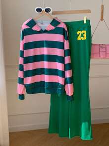 SHEIN EZwear 女士休闲套头卫衣，韩版风格，时尚百搭，适合外穿，彩色条纹图案设计，适合街拍，适合露营，春夏皆宜，也是春夏返校季的理想之选。 - 彩色 - 查看 5