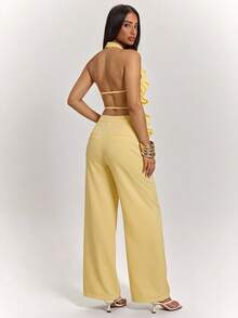 SHEIN BAE Women's Elegant Romantic Mesh Embroidery 3D Floral Camisole Top Paired With Pastel Yellow Suit Pants Two Pieces Set, Spring Summer Garden Party - Light Yellow - View 2