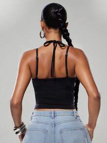 Denimoi Sexy Lace Trim Scoop Neck Top GNO Date Night Dinner Outfits Sexy Tops Layering Girls Night Out - Black - View 4
