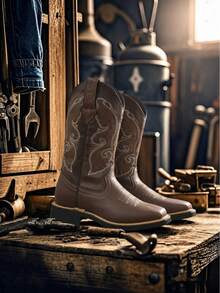 Genuine Leather Boots With Cowboy Rodeo Style Stitched Sole Skirt - Cafe - View 1