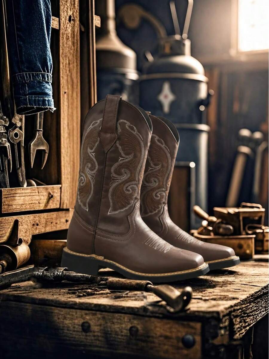 Genuine Leather Boots With Cowboy Rodeo Style Stitched Sole Skirt - Cafe - View 1