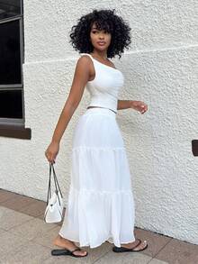 Alexandranx Ruffle Skirt Boho Long Skirt Break Solid Frill Trim Ruffle Hem Skirt White - White - View 6