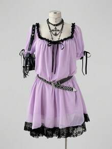 Sunspun Plus Size Vintage Asymmetrical Hem Lace Trim Patchwork Dress - Purple - View 4