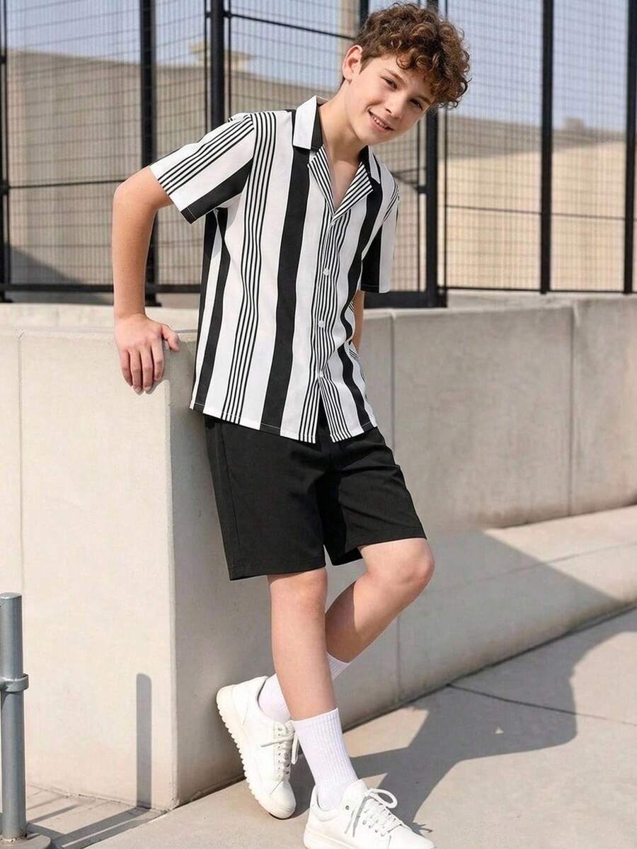 Vacaura 青少年男孩 2 件組休閒舒適條紋襯衫與短褲套裝 - 黑色 - 查看 1