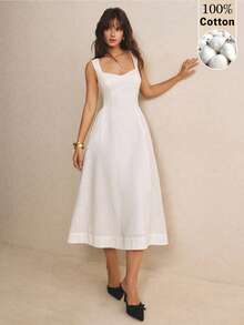 Poéselle Elegantes französisches Midi-Kleid für Damen in Weiß, einfarbig, mit Herz-Ausschnitt, ärmellos, quadratischem Ausschnitt, für Abschlussfeier, Hochzeit, Poolparty und Tagesparty im Sommer - Weiss - Übersicht 1