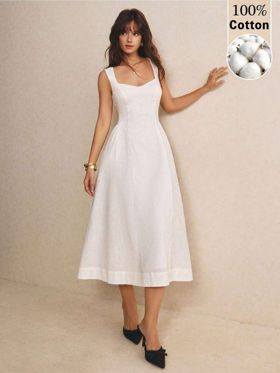Poéselle Elegantes französisches Midi-Kleid für Damen in Weiß, einfarbig, mit Herz-Ausschnitt, ärmellos, quadratischem Ausschnitt, für Abschlussfeier, Hochzeit, Poolparty und Tagesparty im Sommer - Weiss - Übersicht 1