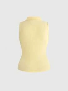 Mean Girls | ROMWE Plus Size Women's Letter Rhinestone Design Polo Collar Sleeveless Top - Yellow - View 2