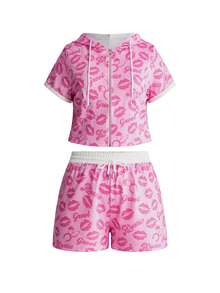 Mean Girls | ROMWE Plus Size Women Lip Print Zip Front Hoodie And Shorts Casual Outfit - Pink - View 9