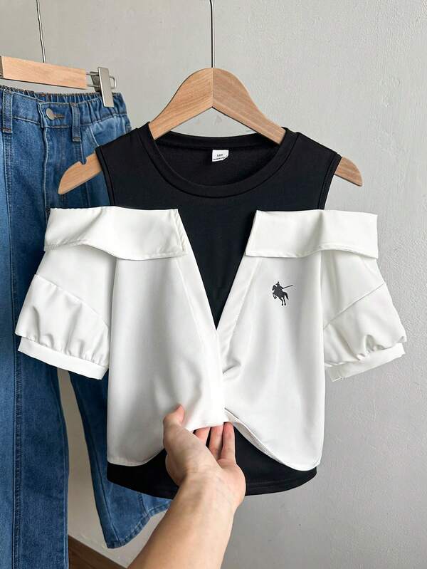 Tween Girl Knight Graphic 2 In 1 Patchwork Fashion Versatile Daily Casual Shirt