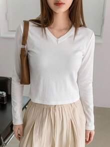 Dazy-Less Spring/Autumn Casual Versatile Solid Color Long Sleeve T-Shirt - White - View 6