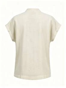 SHEIN Women's Elegant Light Beige Short-Sleeved Shirt Top With Collar,Business Office Summer Blouses,Classy Fashionable Casual Commuter Wear For Graduation - Khaki - View 11