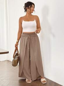 Lounesse Plus Size Solid Color Wrap Slit Pants For Vacation Casual Wear - Khaki - View 5