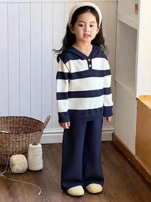 SHEIN Little Byeori 女童拼色連帽長袖針織上衣與長褲套裝，秋季款 - 藏蓝色 - 查看 3