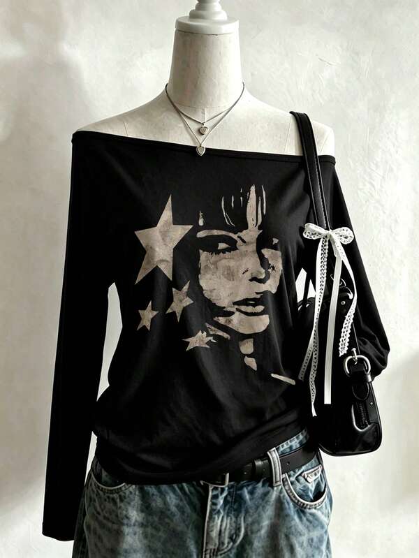 Lalippa American Vintage Distressed Portrait & Star Print Off-Shoulder Long Sleeve T-Shirt For Women, Niche Slouchy Off-Shoulder Loose Slimming Sexy Base Top