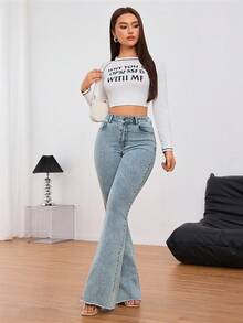 SHEIN Tall 女款口袋喇叭休閒百搭牛仔褲，適合高個女性 - 霧霾藍 - 查看 5