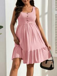 GentleRue Maternity Maternity Solid Color Ruched Button Design Nursing Slip Dress Baby Shower Summer - Pink - View 7