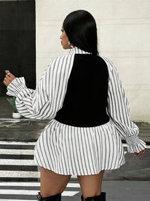 Mawevolt Korean Style Striped Polo Collar Shirt, Slim Fit Flattering Commuter Versatile Plus Size Women's Top Fall - Black and White - View 6