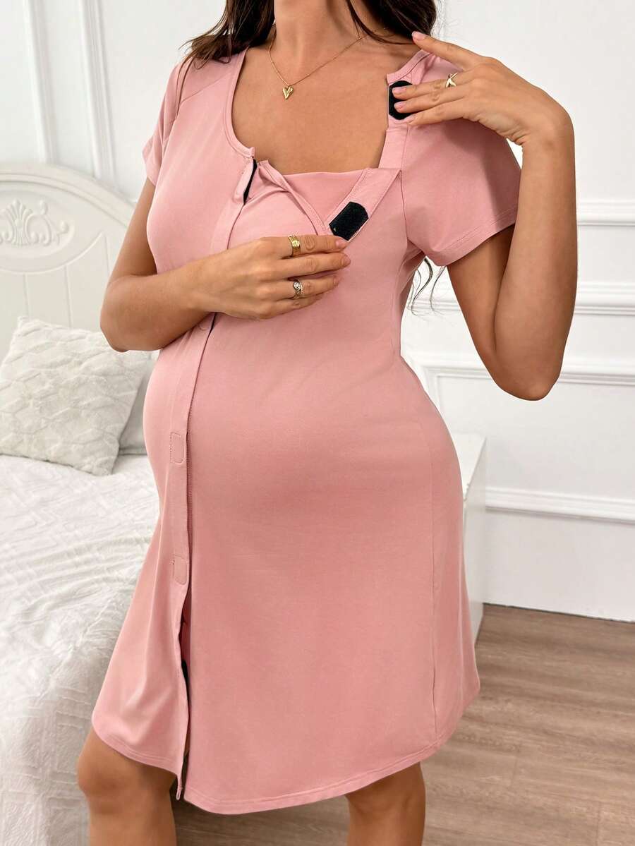 Moonlight&Mama 孕婦純色哺乳功能休閒日常居家睡眠洋裝 - 藕粉色 - 查看 1