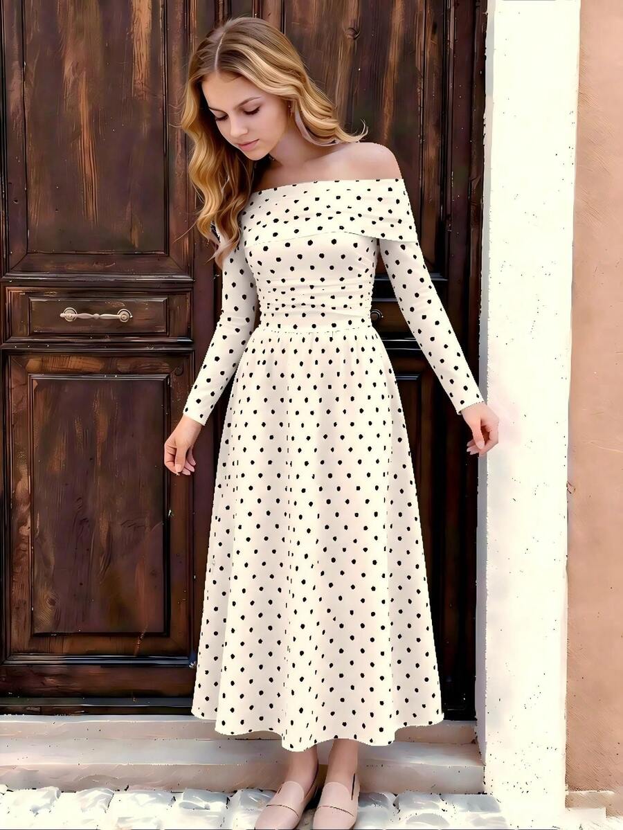 Tween Girl) Dress, Off-Shoulder, Polka Dot, Black White Polka Dot, Elegant, Casual, Vacation Party Autumn - Apricot - View 1