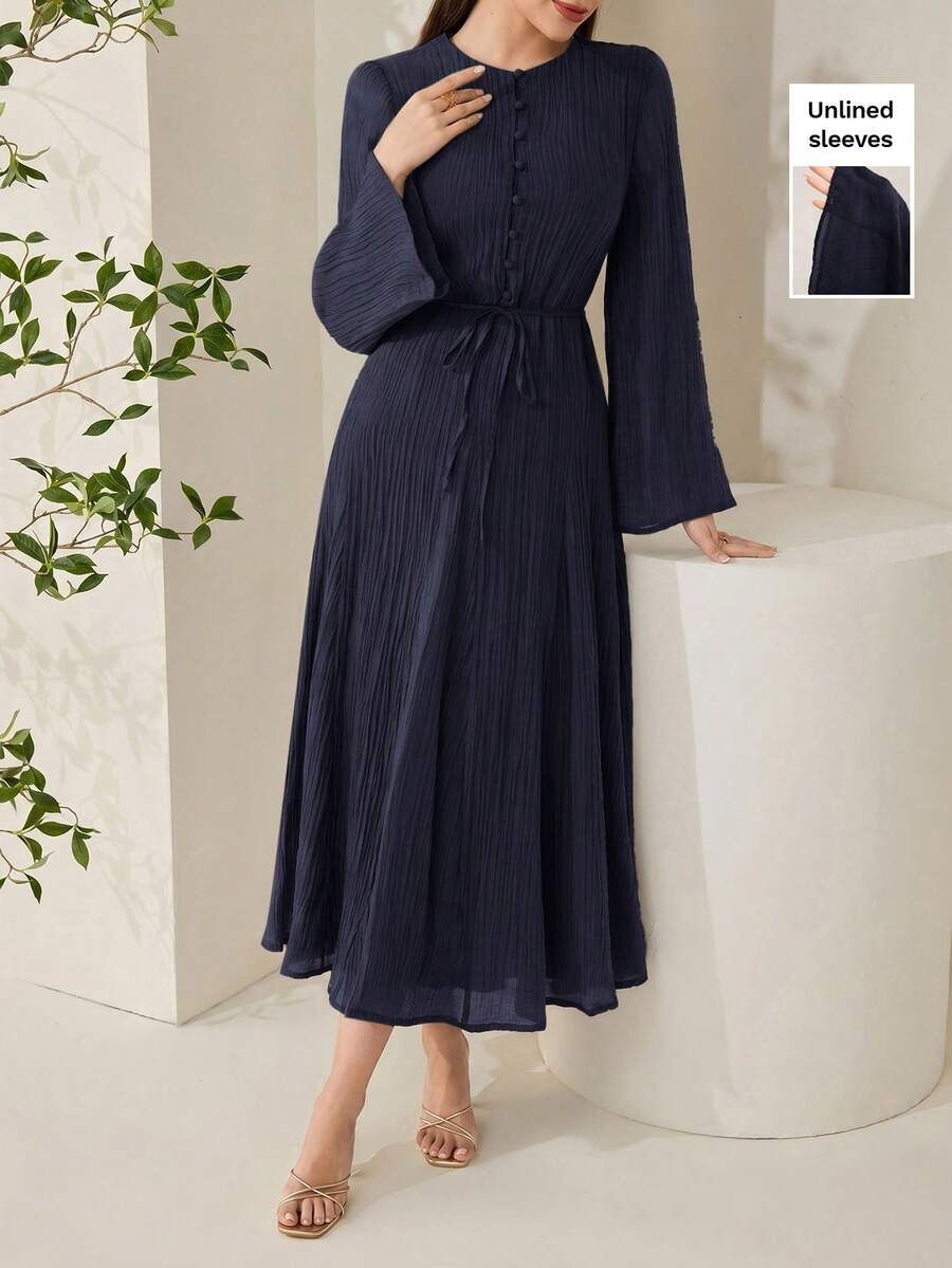 Veilorie New Fabric Ruched Texture Spaghetti Strap Slimming A-Line Flowy Beach Vacation Casual Party Dress - Navy Blue - View 1