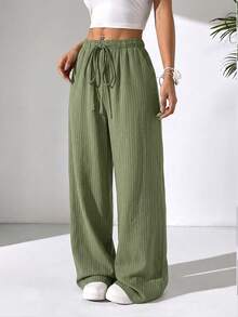 Solflare Spring/Summer Vacation Style Linen Drawstring Tie Pants Plus Size - Army Green - View 9