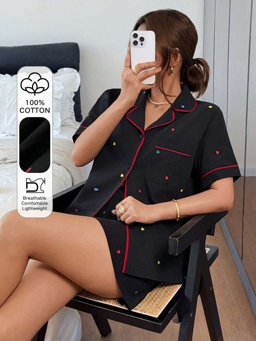 DAZY 夏季休閒對比滾邊愛心圖案滿版印花寬鬆女款睡衣套裝 - 黑色 - 查看 1