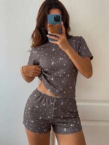 DAZY Ditsy Floral T-Shirt Short Sleeve Fitted Pajama Set - Rust Brown - View 4
