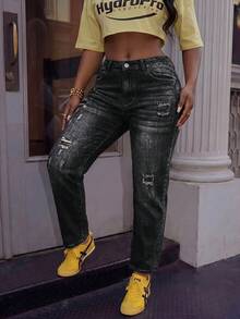 BriallanyX BriallanyX Celana Jeans Denim Wanita Model Skinny dengan Saku dan Detail Sobek, Kasual, dan Serbaguna - Hitam - View 4