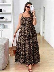Comfylo Plus Size Women's Leopard Print Spaghetti Strap Dress With Ruffle Hem - Multicolor - View 6