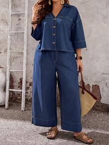 EMERY ROSE EMERY ROSE Plus Size Women Single-Breasted Top And Wide Leg Jeans Two Pieces Set - Dark Wash - View 5